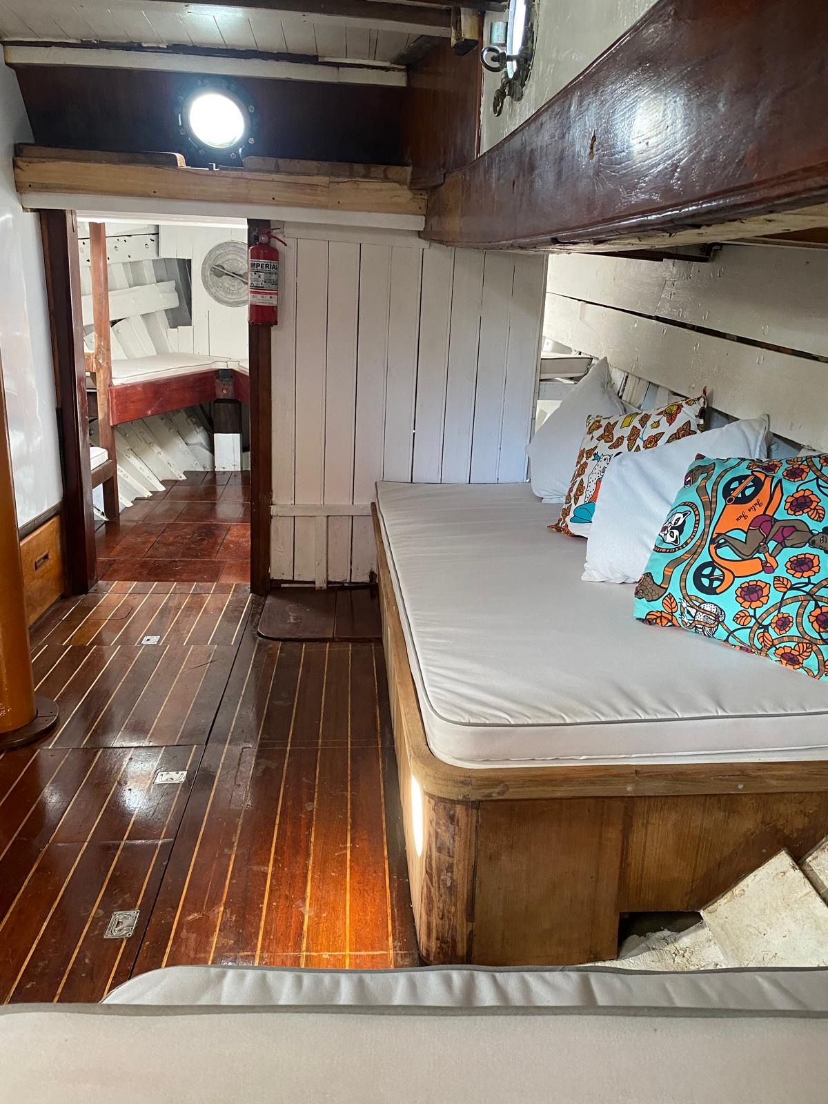 Varnished teak saloon and berth below deck