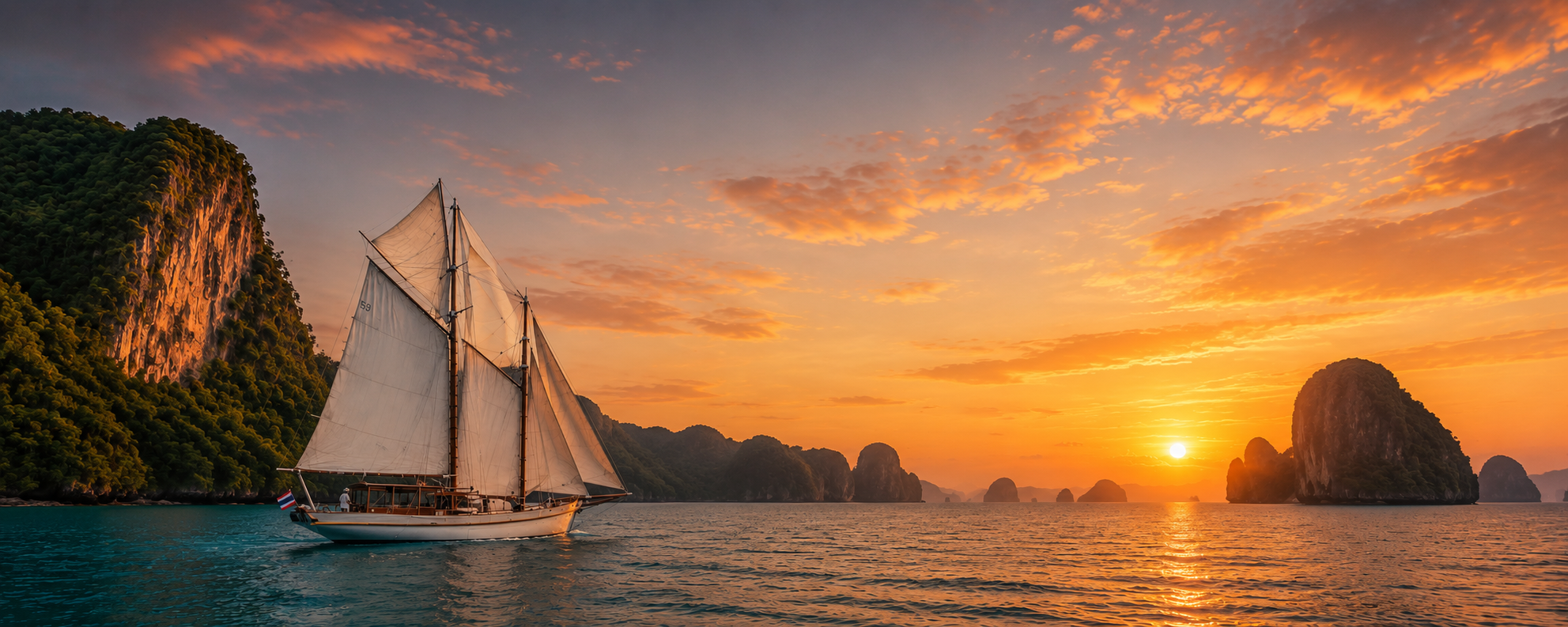Seraph, a 75ft classic wooden yacht, sailing at sunset in the Andaman Sea
